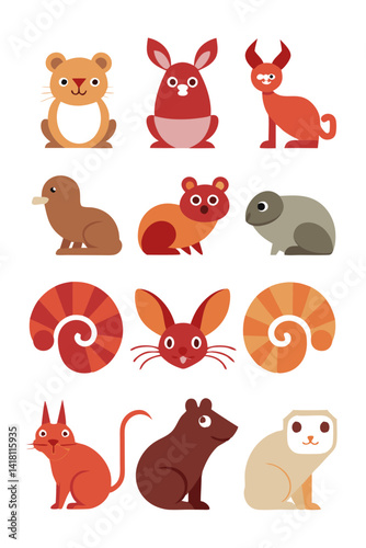 Colorful Cartoon Animals and Spiral Shapes Set Illustration