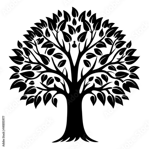 Elegant black and white tree with spreading branches and detailed leaves