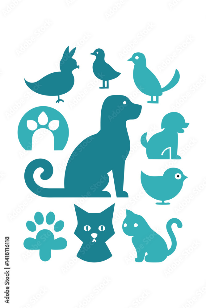 Obraz premium Pet Silhouettes: Birds, Cats, Dogs, and Paw Prints