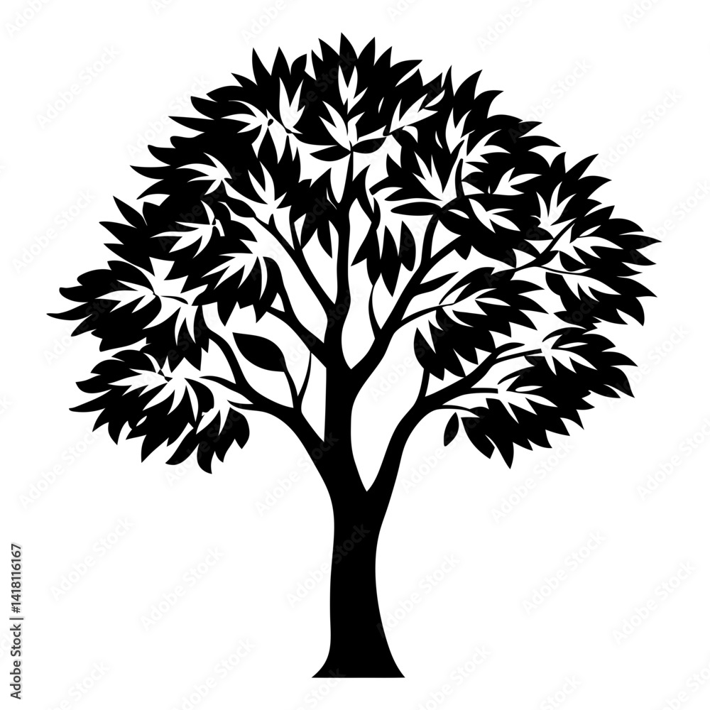 Obraz premium Black silhouette of a lush tree with leaves on white background