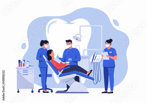 Vector illustration of a dental team working on a patient in a chair. Dental examination and treatment process