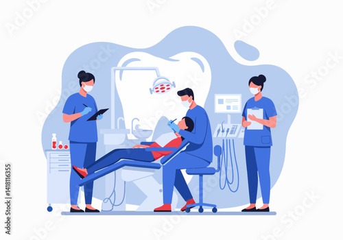 Vector illustration of a dental team working on a patient in a chair. Dental examination and treatment process