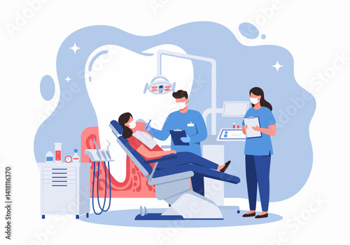 Vector illustration of a dental team working on a patient in a chair. Dental examination and treatment process