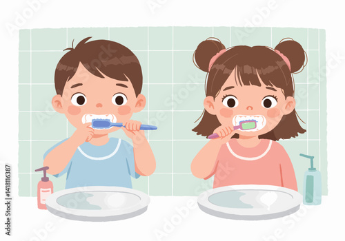 Illustration of two happy children with toothbrushes, emphasizing the importance of brushing twice a day
