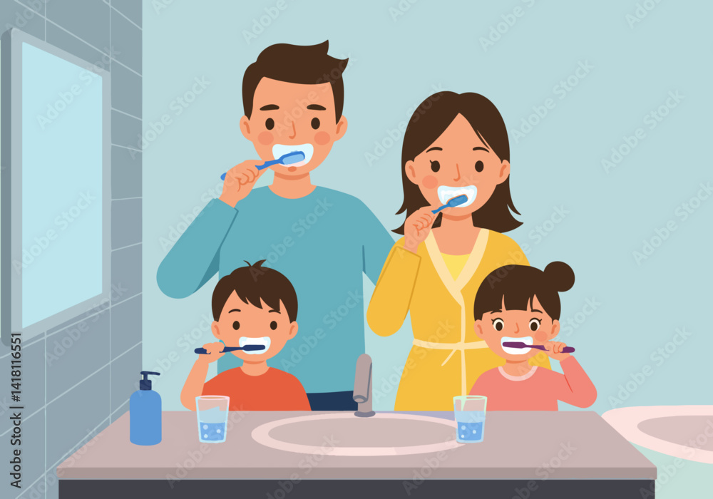 Flat illustration of Happy family brushing their teeth together in the bathroom. Morning or evening dental hygiene routine Flat illustration of Happy family brushing their teeth together in the bathroom. Morning or evening dental hygiene routine