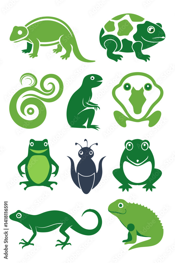 Obraz premium Cute Cartoon Animals: Frogs, Lizards, Insect Vector Set