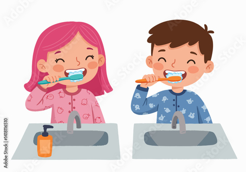 Illustration of two happy children with toothbrushes, emphasizing the importance of brushing twice a day
