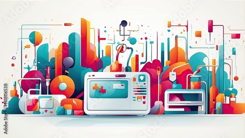 A colorful, abstract illustration featuring a heartbeat line at the center, surrounded by various healthcare and wellness icons such as hearts, medical symbols, and geometric shapes