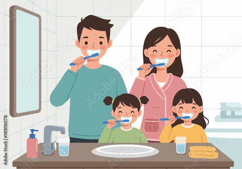 Flat illustration of Happy family brushing their teeth together in the bathroom. Morning or evening dental hygiene routine