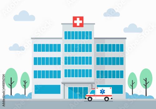 Vector Flat Illustration of a clinic or hospital facade with a clear entrance. Medical architecture