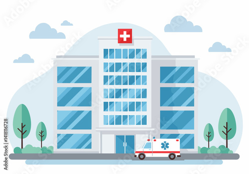 Vector Flat Illustration of a clinic or hospital facade with a clear entrance. Medical architecture