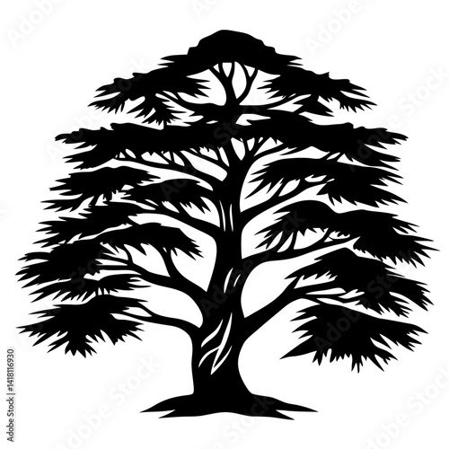Black and white silhouette of an stylized tree with abstract branches