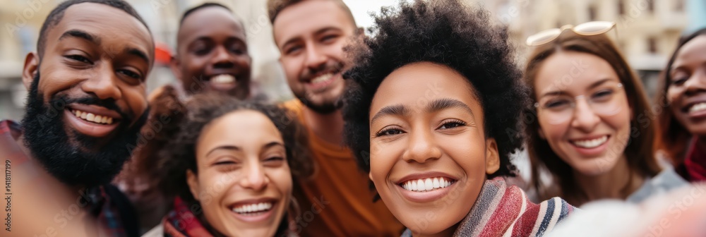 A joyful group of diverse friends take a selfie, laughing and enjoying their time together, symbolizing friendship and shared moments in life. A joyful group of diverse friends take a selfie, laughing and enjoying their time together, symbolizing friendship and shared moments in life.