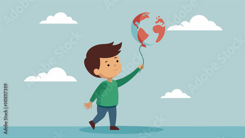 A boy releasing a balloon with a drawing of a world with no poverty and inequality representing his hope for a better society.. Vector illustration