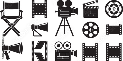 Film Camera Silhouette Vector Art Cinema Production Illustration Clapper Reel Icon Design Movie Media Graphic Entertainment Collection