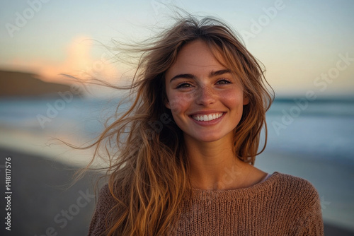 Woman, smile bright, beach background, waves gently crashing, golden sunset hues, sand between toes, carefree joy evident.