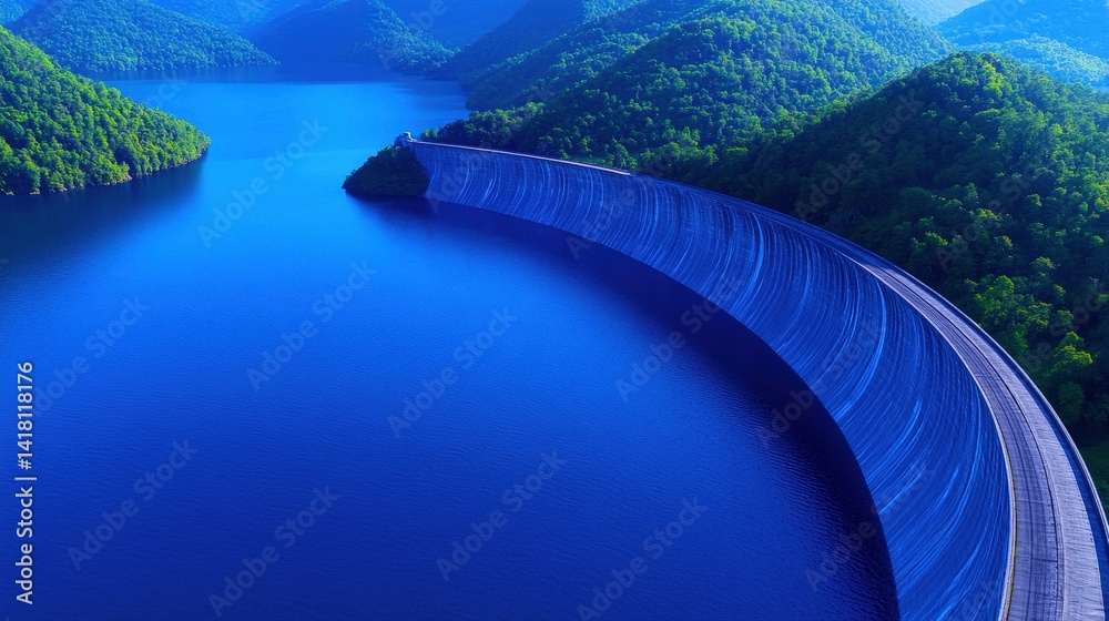 An expansive view showcases a large curved dam integrated into the landscape, with verdant mountains rising on both sides and tranquil blue waters glistening under clear skies