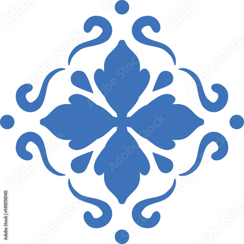 This design is a vibrant blue Talavera ceramic pattern from Mexico, featuring a symmetrical floral motif with elegant curving accents.