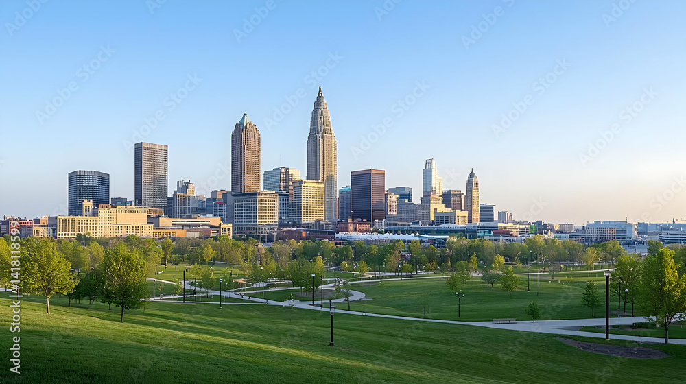 Obraz premium Cityscape Panorama With Parkland At Dawn