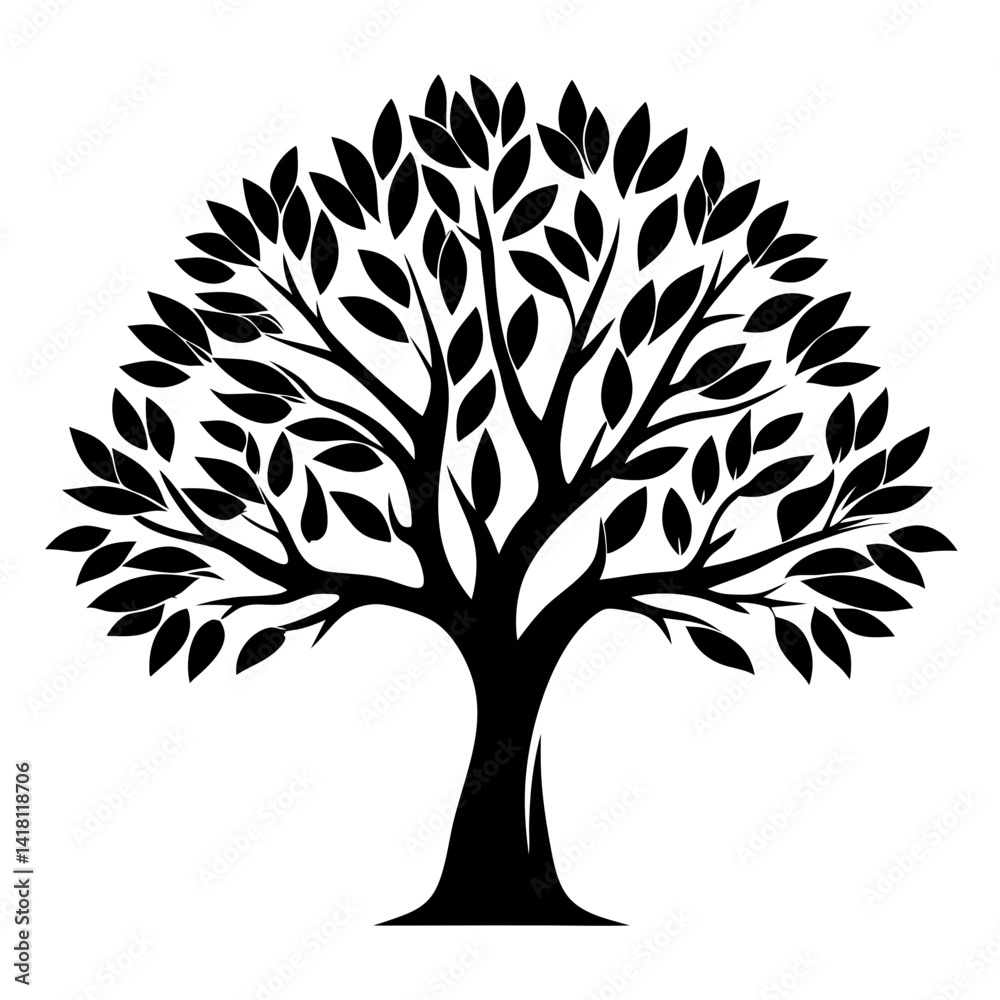 Obraz premium Monochrome Silhouette of a Lush Full Leafy Tree, Isolated on White