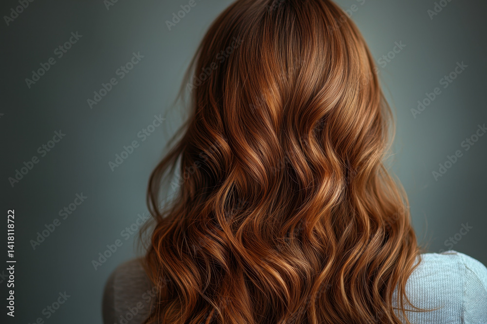 Fototapeta premium Woman with long, wavy hair smiling on a beach at sunset, waves gently hitting the shore in the background.