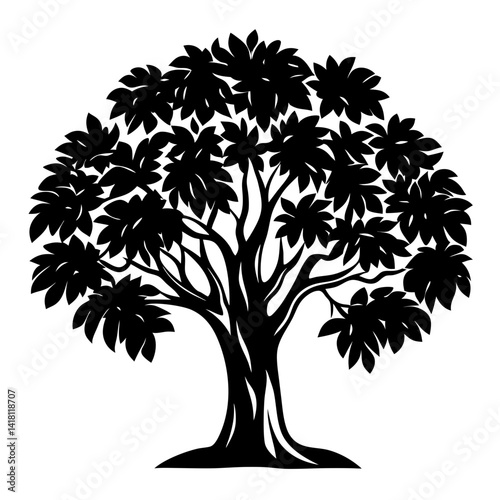 Silhouette of a lush tree with dense foliage against white background