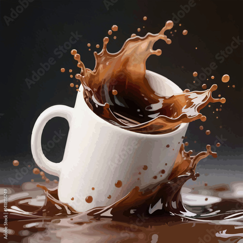 illustration Wave of liquid coffee bursting out of a white cup 3d day of coffee