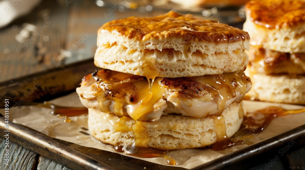 Chicken biscuit sandwich honey butter glaze popular American southern breakfast sandwich on tray Chicken biscuit sandwich honey butter glaze popular American southern breakfast sandwich on tray