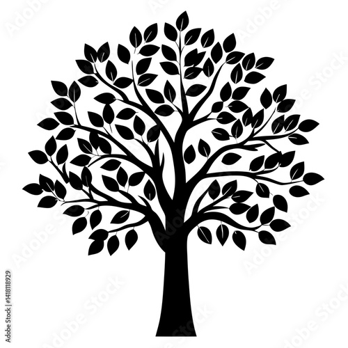 Silhouette of a lush tree with abundant leaves against a white background