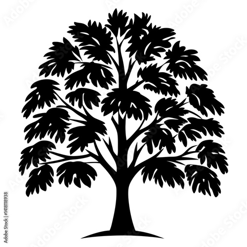 Silhouette of a lush tree with detailed leaves on a white background