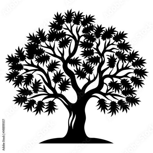 Silhouette of a magnificent tree with dense foliage isolated on white background