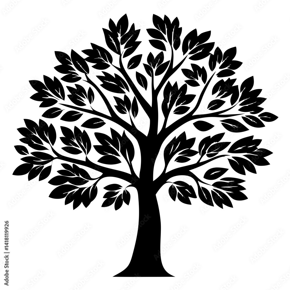 Obraz premium Black silhouette of a full leafy tree on a white background beautifully