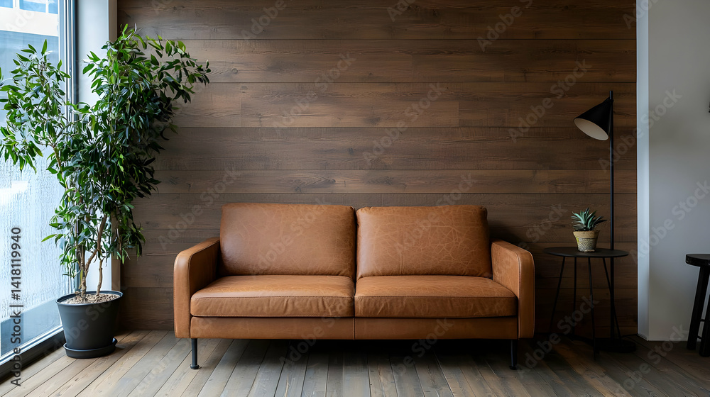 Fototapeta premium Modern Living Room With Brown Leather Sofa And Wooden Wall