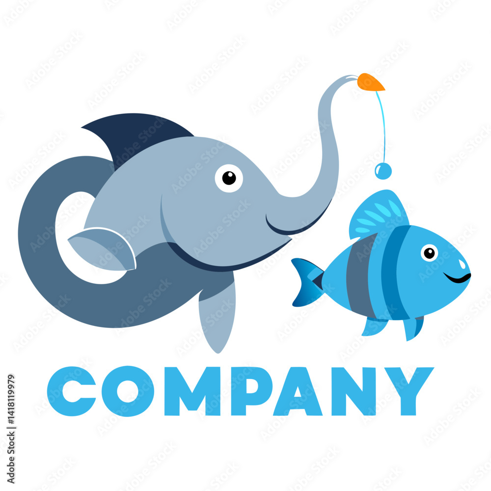 Obraz premium Funny Elephant Fishing Logo Design with Cute Fish
