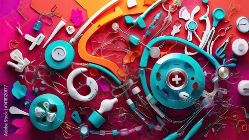 A colorful, abstract illustration featuring a heartbeat line at the center, surrounded by various healthcare and wellness icons such as hearts, medical symbols, and geometric shapes