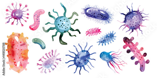Set watercolor bacteria virus disease microbes germs isolated on transparent background