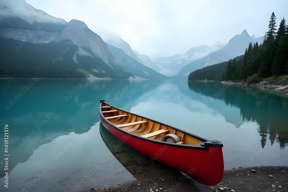 Canoe resting on the shore of a glassy alpine lake Canoe resting on the shore of a glassy alpine lake