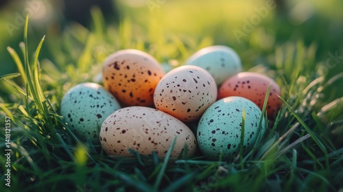 Colorful eggs in meadow