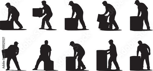 Box Lifting Silhouette Set Manual Labor Worker Moving Package Delivery Warehouse Job Black Vector Illustration