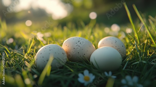Colorful eggs in meadow