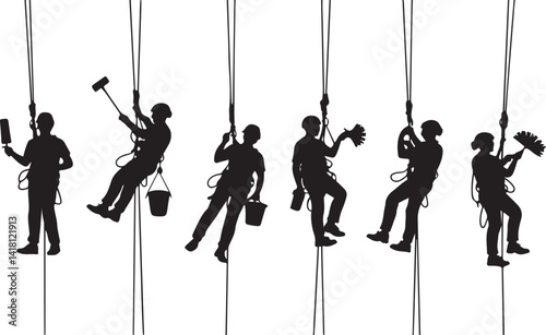Window Cleaner Silhouette Set High Rise Building Maintenance Rope Safety Work Urban Black Vector Illustration