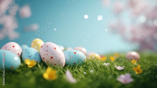 Colorful eggs in meadow