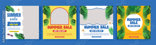Editable summer sale social media post, banner template set, promotional social media square flyer or poster bundle for summer tropical Holiday celebration party background design pack