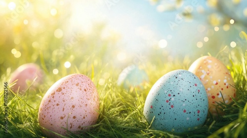 Colorful eggs in meadow