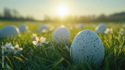 Colorful eggs in meadow
