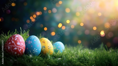 Colorful eggs in meadow