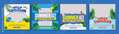 Set of summer beach or pool party editable social media post, banner for summer fashion sale offer template bundle, summer Holiday and tour advertisement, summer square flyer or poster design pack