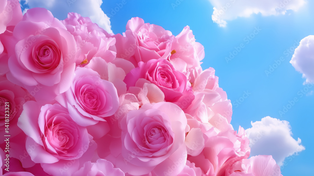 Pink roses blooming under blue sky with fluffy white clouds Pink roses blooming under blue sky with fluffy white clouds
