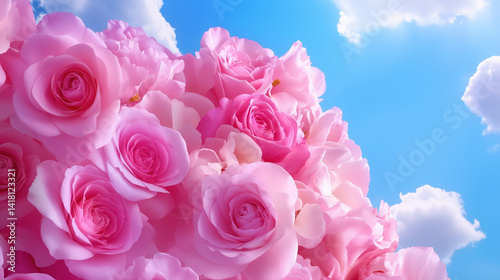 Pink roses blooming under blue sky with fluffy white clouds