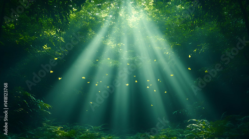 Radiant sunbeams filter through the dense canopy of a forest illuminating the flora and delicate yellow leaves scattere photo